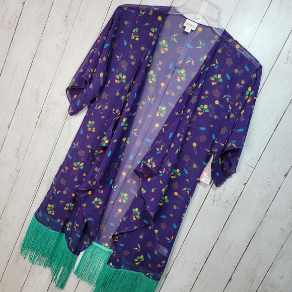 NWT LuLaRoe Monroe Kimono Fringe Hem Trim Coverup Top Purple Size Small 0-12. - Picture 2 of 8